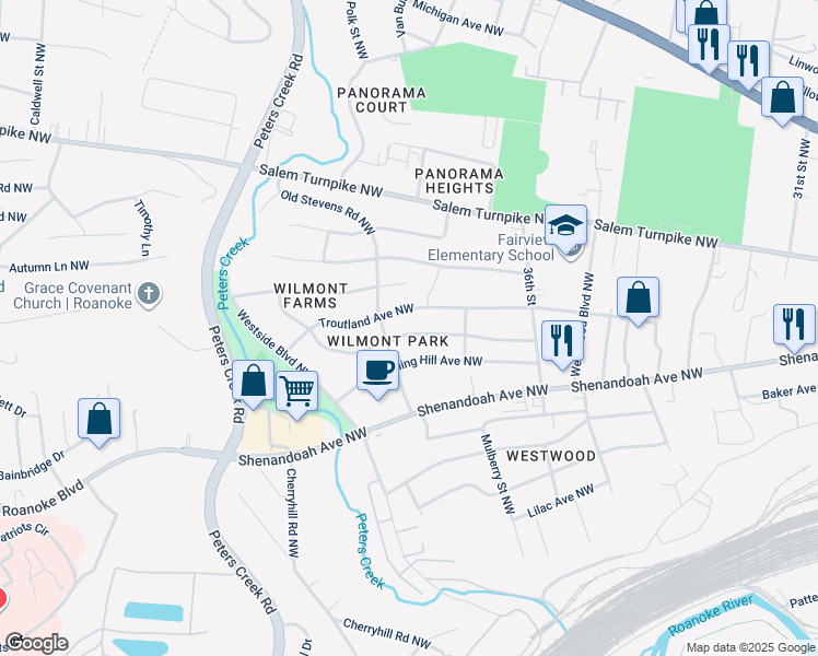 map of restaurants, bars, coffee shops, grocery stores, and more near 3747 Wilmont Avenue Northwest in Roanoke