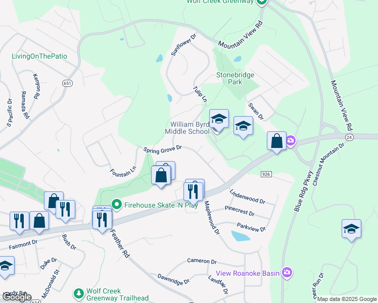 map of restaurants, bars, coffee shops, grocery stores, and more near 244 Spring Grove Drive in Vinton