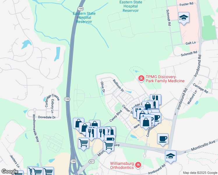 map of restaurants, bars, coffee shops, grocery stores, and more near 4899 Ercil Way in Williamsburg