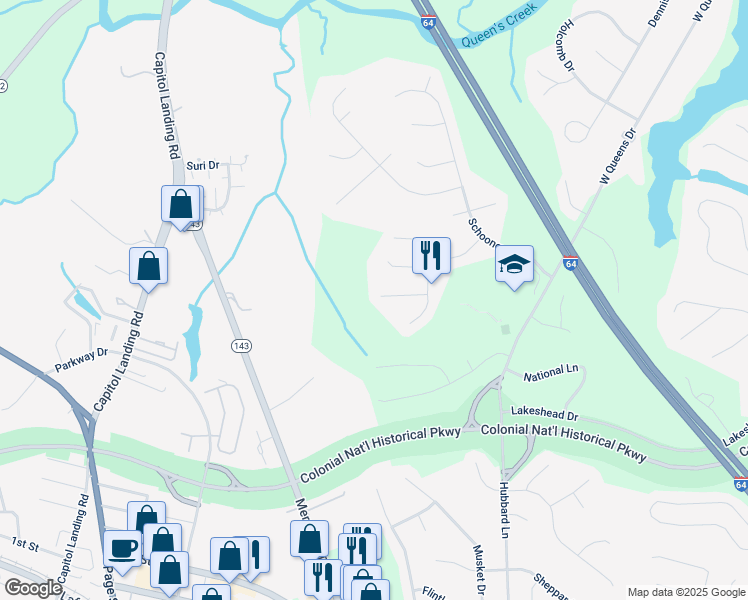 map of restaurants, bars, coffee shops, grocery stores, and more near 117 Yardarm Court in Williamsburg
