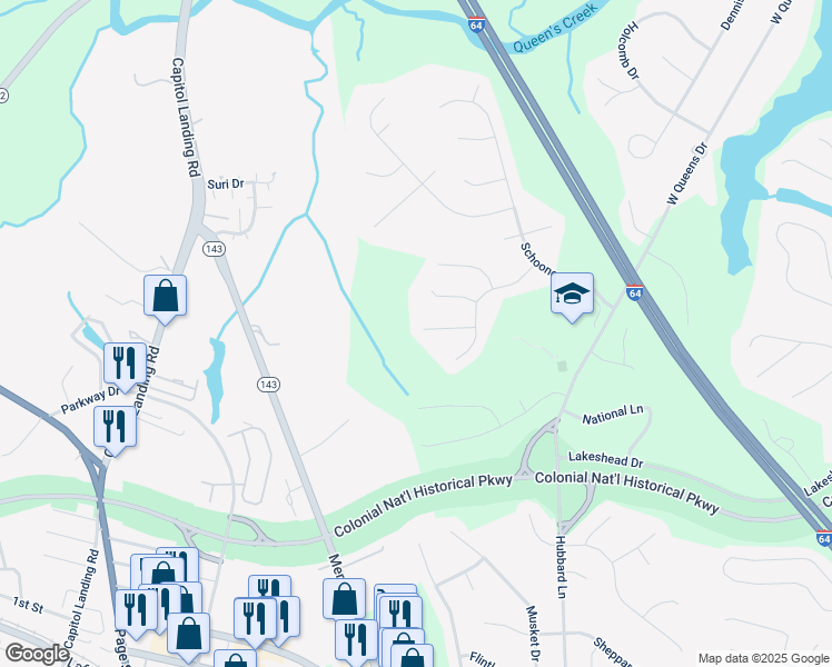 map of restaurants, bars, coffee shops, grocery stores, and more near 117 Yardarm Court in Williamsburg