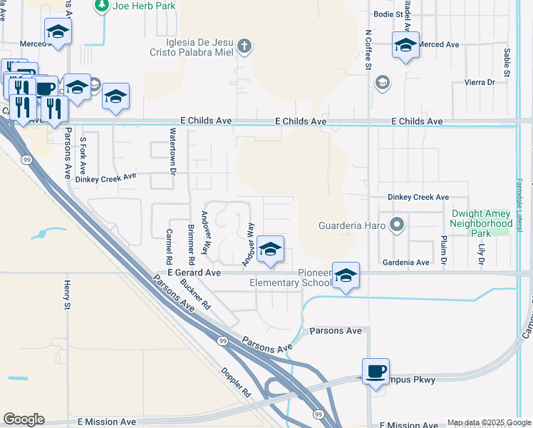 map of restaurants, bars, coffee shops, grocery stores, and more near 2623 Polaris Court in Merced