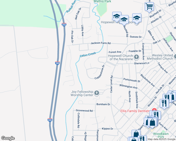 map of restaurants, bars, coffee shops, grocery stores, and more near 438 Cobblestone Drive in Hopewell