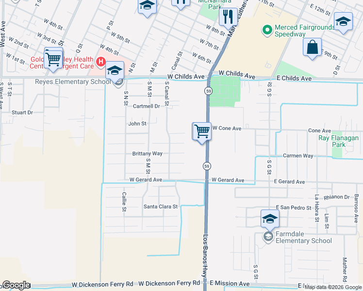 map of restaurants, bars, coffee shops, grocery stores, and more near 480 Joleen Court in Merced