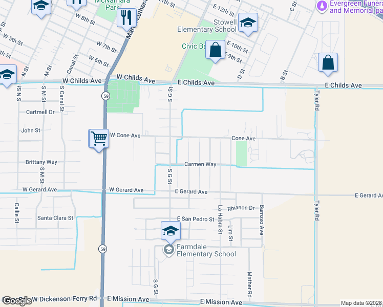 map of restaurants, bars, coffee shops, grocery stores, and more near 329 Ian Court in Merced