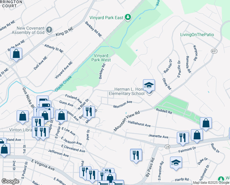 map of restaurants, bars, coffee shops, grocery stores, and more near 622 Peake Street in Vinton