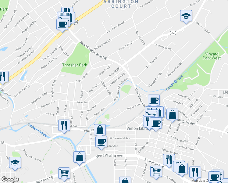 map of restaurants, bars, coffee shops, grocery stores, and more near 2399 Vale Avenue in Roanoke