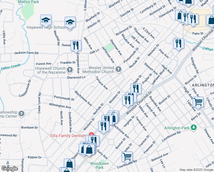 map of restaurants, bars, coffee shops, grocery stores, and more near 3006 Norfolk Street in Hopewell