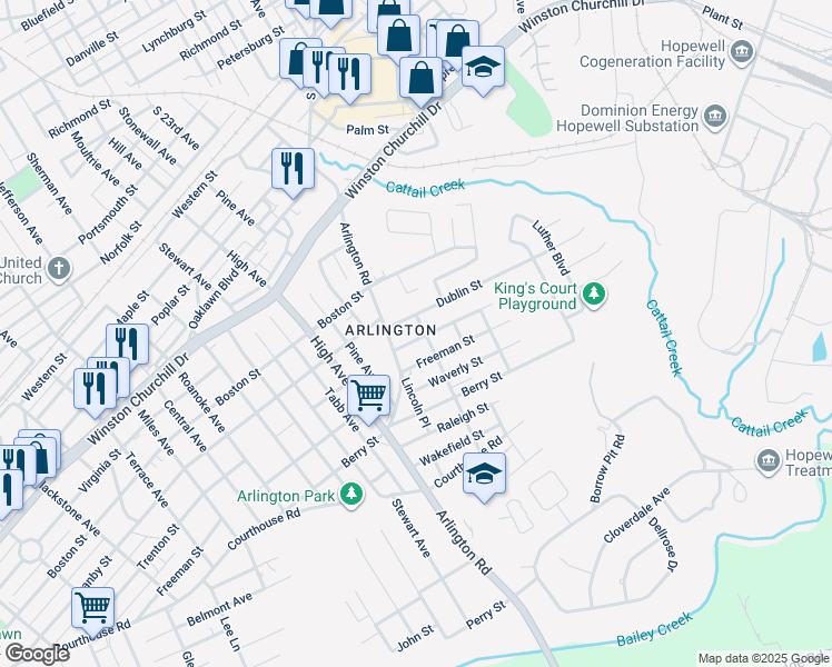 map of restaurants, bars, coffee shops, grocery stores, and more near 2403 Trenton Street in Hopewell