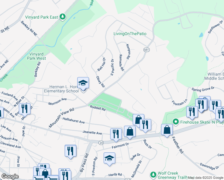 map of restaurants, bars, coffee shops, grocery stores, and more near 1511 Mountain View Road in Vinton