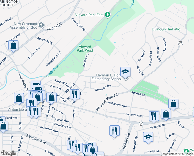 map of restaurants, bars, coffee shops, grocery stores, and more near 622 Peake Street in Vinton