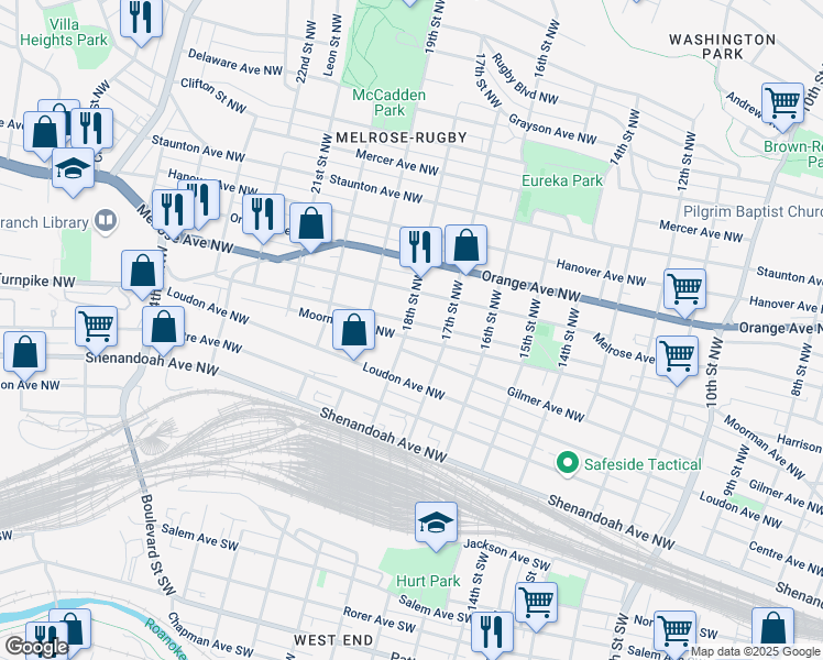 map of restaurants, bars, coffee shops, grocery stores, and more near 546-598 18th Street Northwest in Roanoke