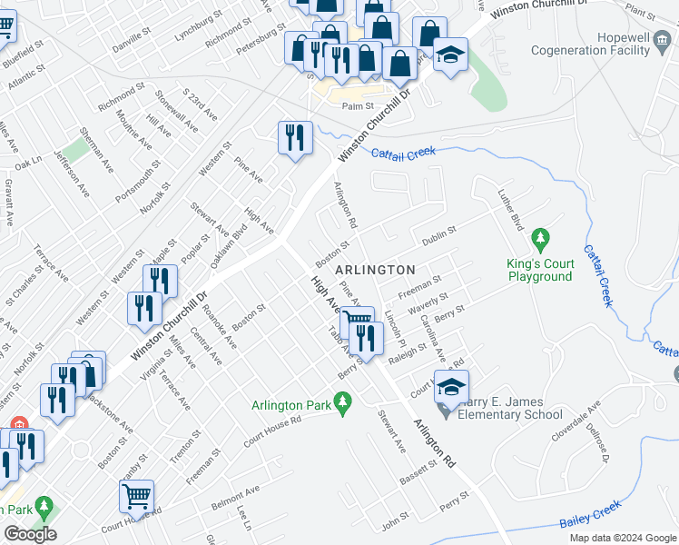 map of restaurants, bars, coffee shops, grocery stores, and more near 1207 Pine Avenue in Hopewell