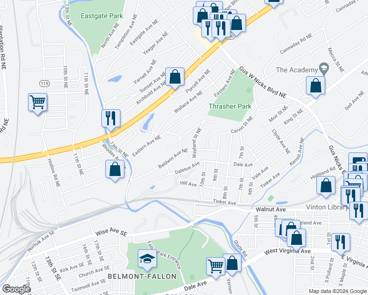 map of restaurants, bars, coffee shops, grocery stores, and more near 701 Tuck Street Northeast in Roanoke