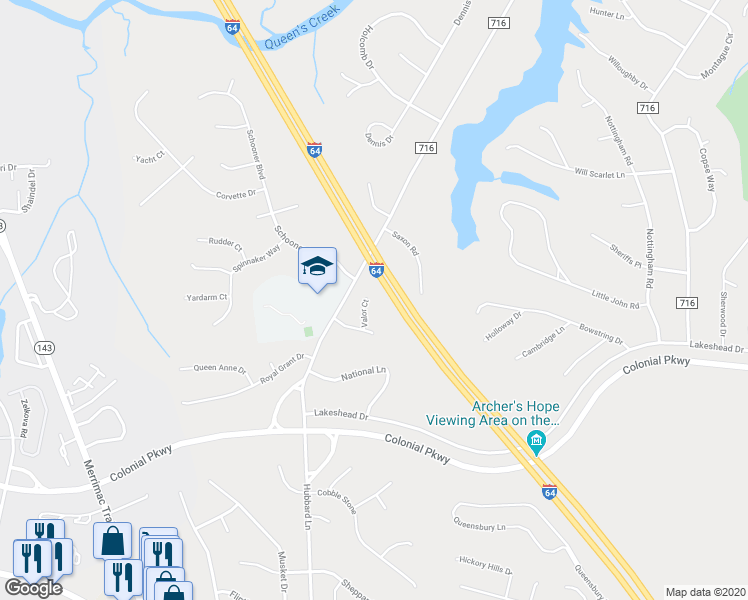 map of restaurants, bars, coffee shops, grocery stores, and more near 104 Valor Court in Williamsburg
