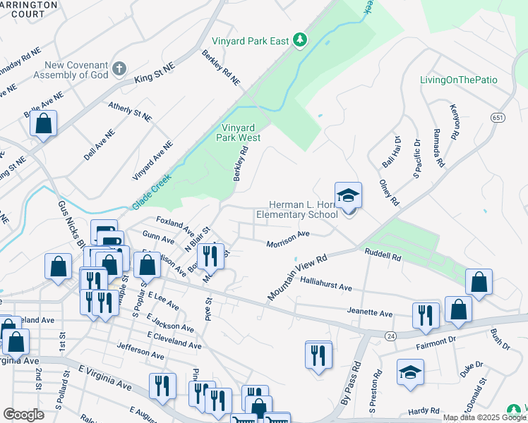 map of restaurants, bars, coffee shops, grocery stores, and more near 623 Peake Street in Vinton