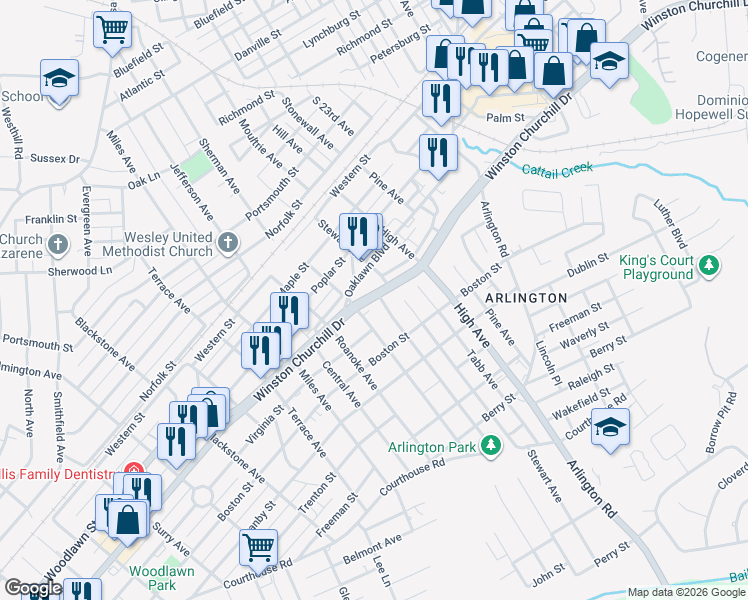 map of restaurants, bars, coffee shops, grocery stores, and more near 2612A Wise Street in Hopewell