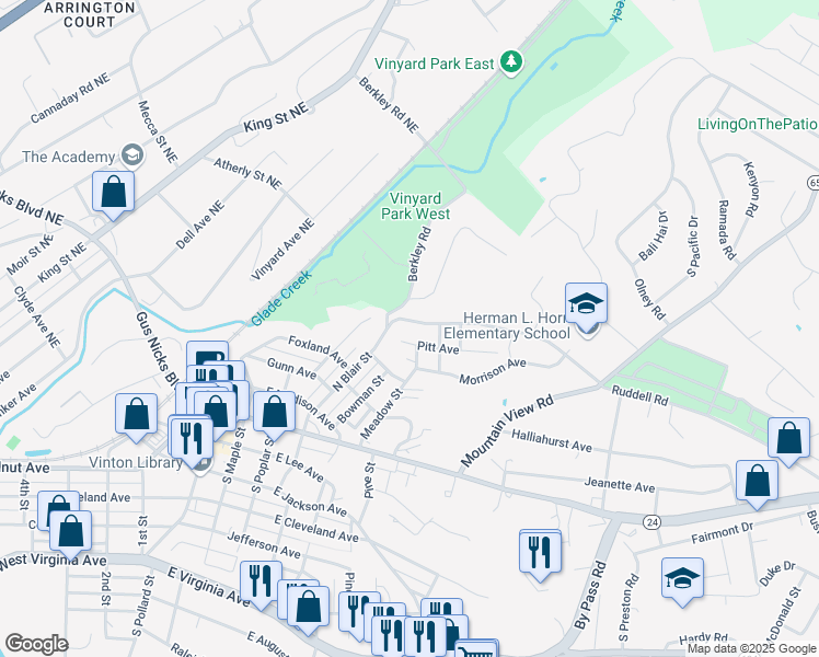 map of restaurants, bars, coffee shops, grocery stores, and more near Berkley Road Northeast in Vinton