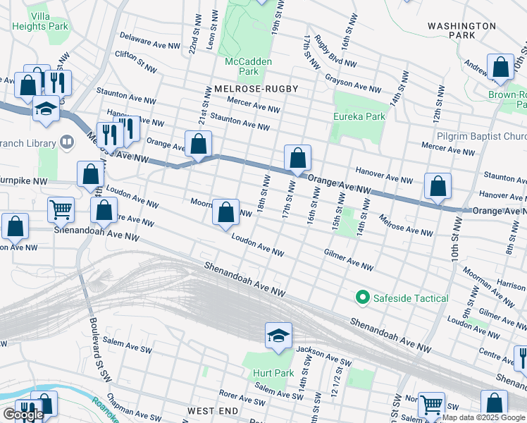 map of restaurants, bars, coffee shops, grocery stores, and more near 546-598 18th Street Northwest in Roanoke