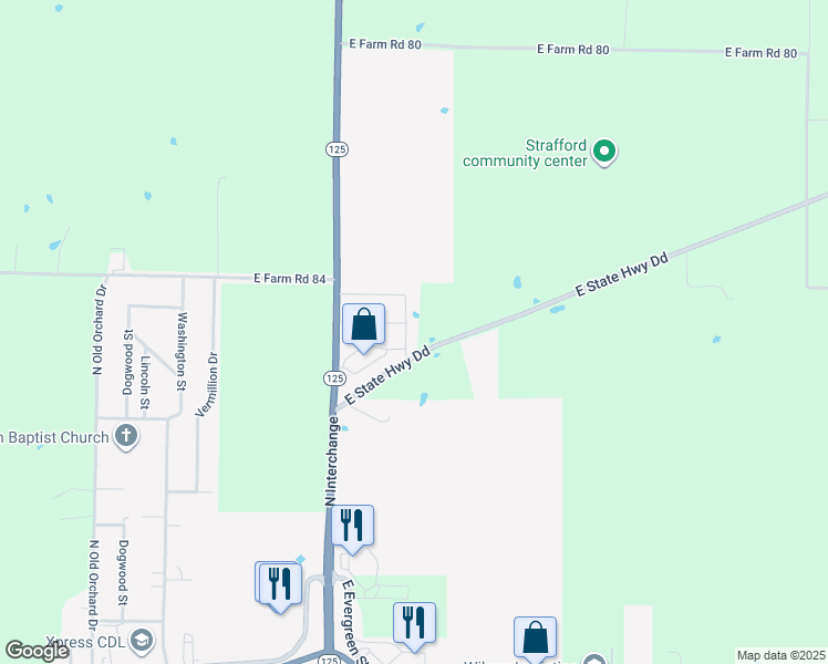 map of restaurants, bars, coffee shops, grocery stores, and more near 708 N Ivy Ln in Strafford
