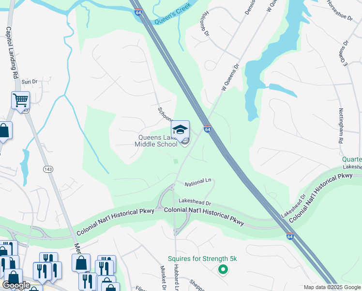 map of restaurants, bars, coffee shops, grocery stores, and more near 124 West Queens Drive in Williamsburg