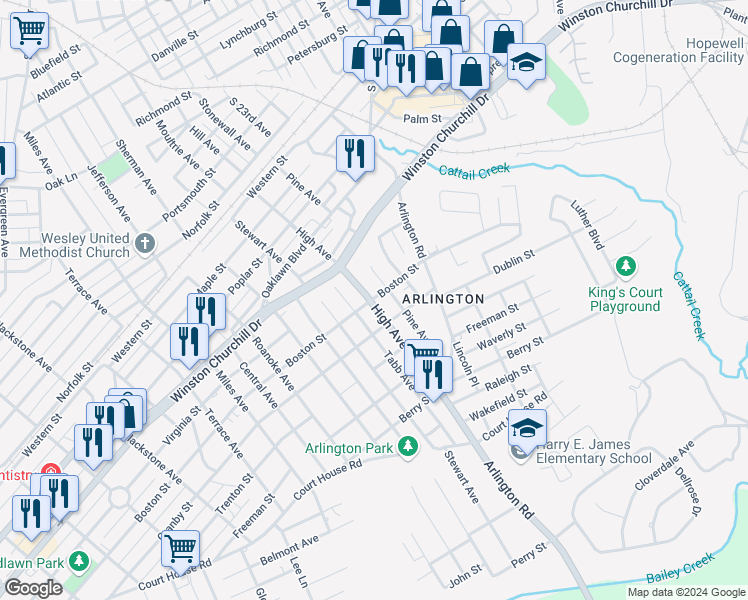 map of restaurants, bars, coffee shops, grocery stores, and more near 1207 High Avenue in Hopewell
