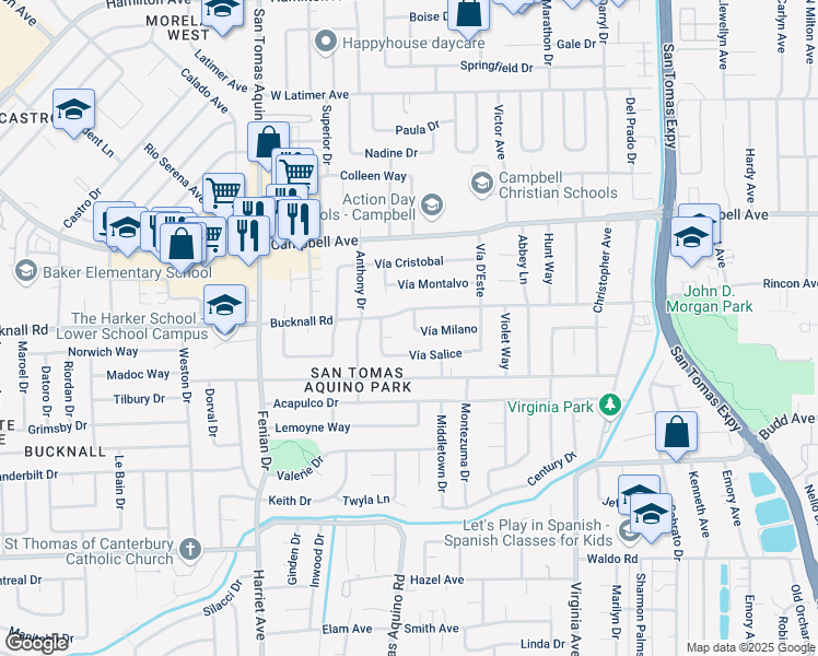 map of restaurants, bars, coffee shops, grocery stores, and more near 2111 Vía Roma in Campbell
