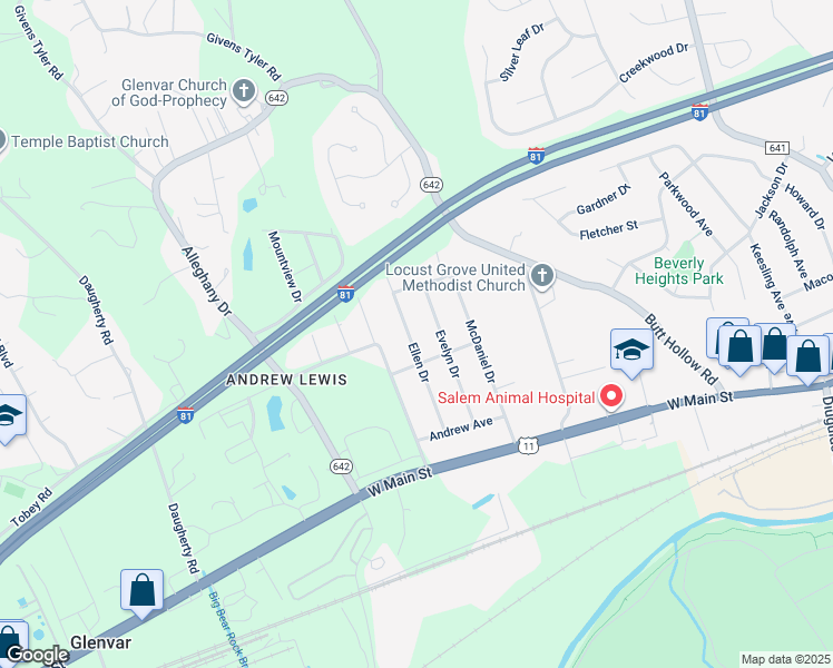 map of restaurants, bars, coffee shops, grocery stores, and more near 3733 Ellen Drive in Salem