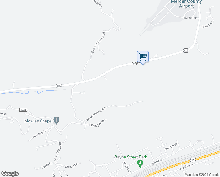 map of restaurants, bars, coffee shops, grocery stores, and more near 4727 Airport Road in Bluefield
