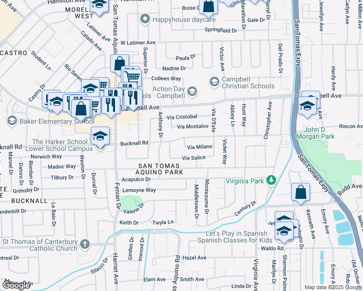 map of restaurants, bars, coffee shops, grocery stores, and more near 2111 Vía Roma in Campbell