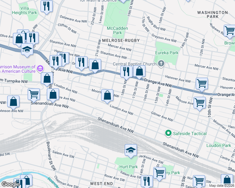 map of restaurants, bars, coffee shops, grocery stores, and more near 501 19th Street Northwest in Roanoke