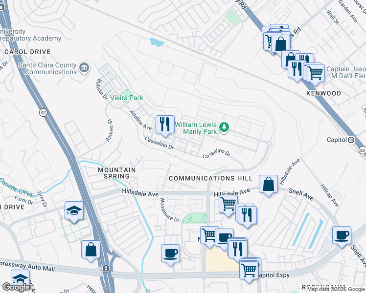 map of restaurants, bars, coffee shops, grocery stores, and more near 388 Adeline Avenue in San Jose