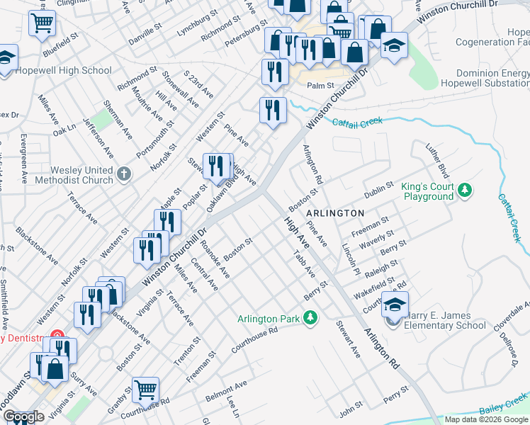 map of restaurants, bars, coffee shops, grocery stores, and more near 1113 Tabb Avenue in Hopewell
