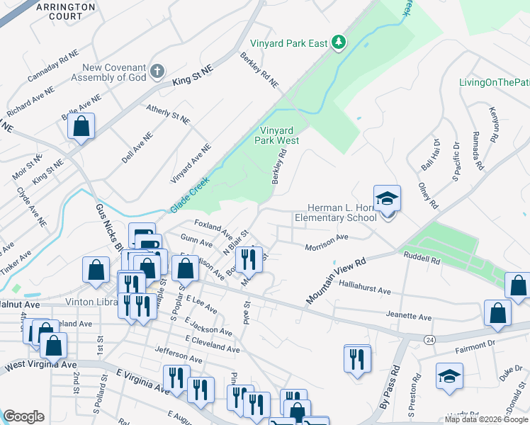 map of restaurants, bars, coffee shops, grocery stores, and more near Berkley Road Northeast in Vinton