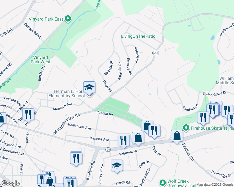 map of restaurants, bars, coffee shops, grocery stores, and more near 1511 Mountain View Road in Vinton