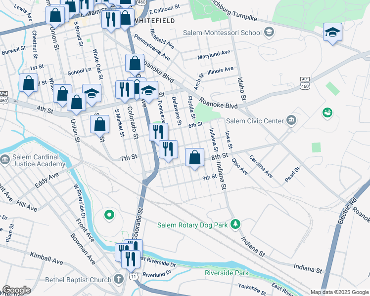 map of restaurants, bars, coffee shops, grocery stores, and more near 905 Delaware Street in Salem