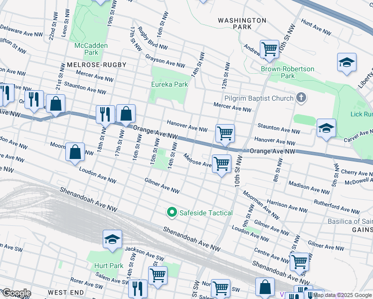 map of restaurants, bars, coffee shops, grocery stores, and more near 1311 Melrose Avenue Northwest in Roanoke
