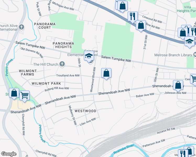 map of restaurants, bars, coffee shops, grocery stores, and more near 556 Crowmoor Street Northwest in Roanoke
