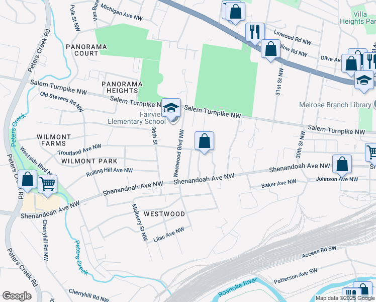 map of restaurants, bars, coffee shops, grocery stores, and more near 556 Crowmoor Street Northwest in Roanoke