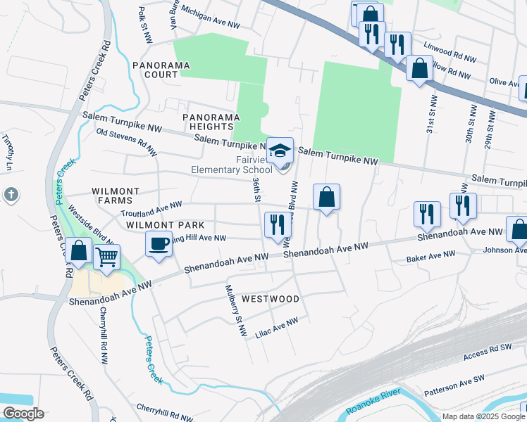 map of restaurants, bars, coffee shops, grocery stores, and more near 561 36th Street in Roanoke