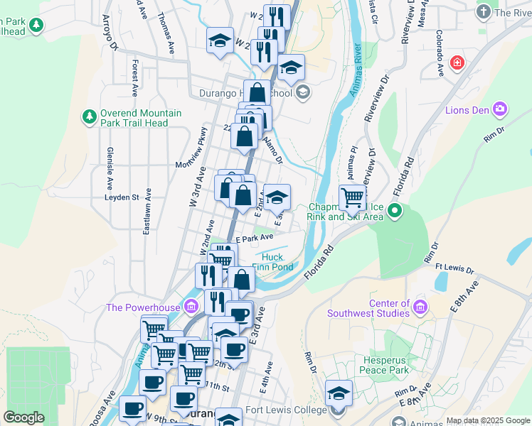 map of restaurants, bars, coffee shops, grocery stores, and more near 201 East 19th Street in Durango