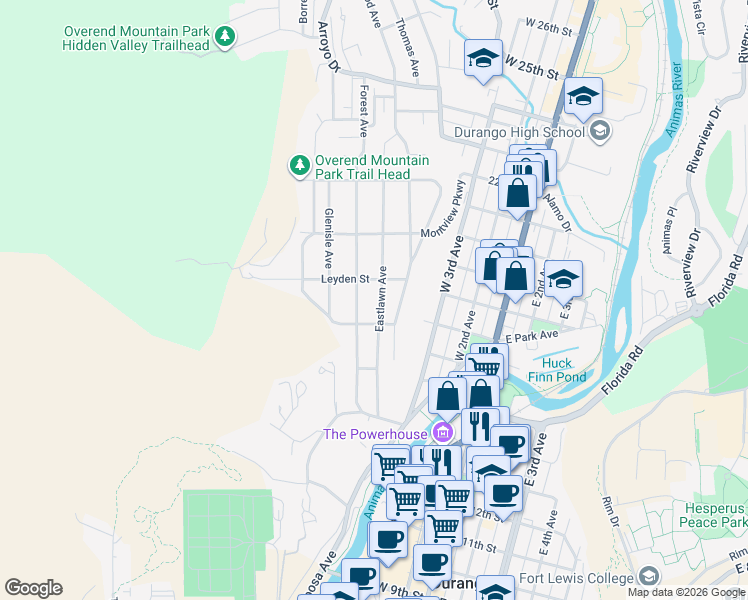 map of restaurants, bars, coffee shops, grocery stores, and more near 1827 Eastlawn Ave in Durango