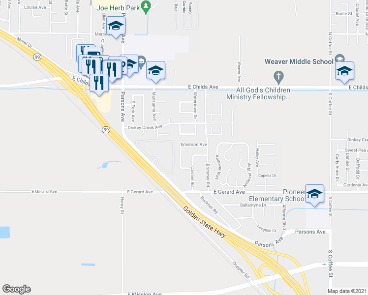 map of restaurants, bars, coffee shops, grocery stores, and more near 310 Donner Road in Merced