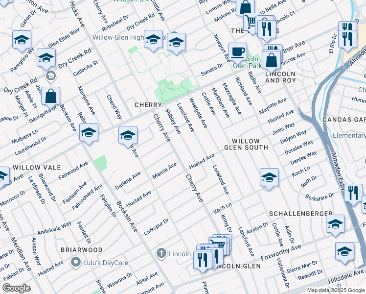 map of restaurants, bars, coffee shops, grocery stores, and more near 2334 Cherry Avenue in San Jose