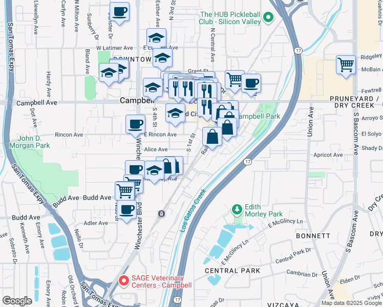 map of restaurants, bars, coffee shops, grocery stores, and more near 208 South 1st Street in Campbell