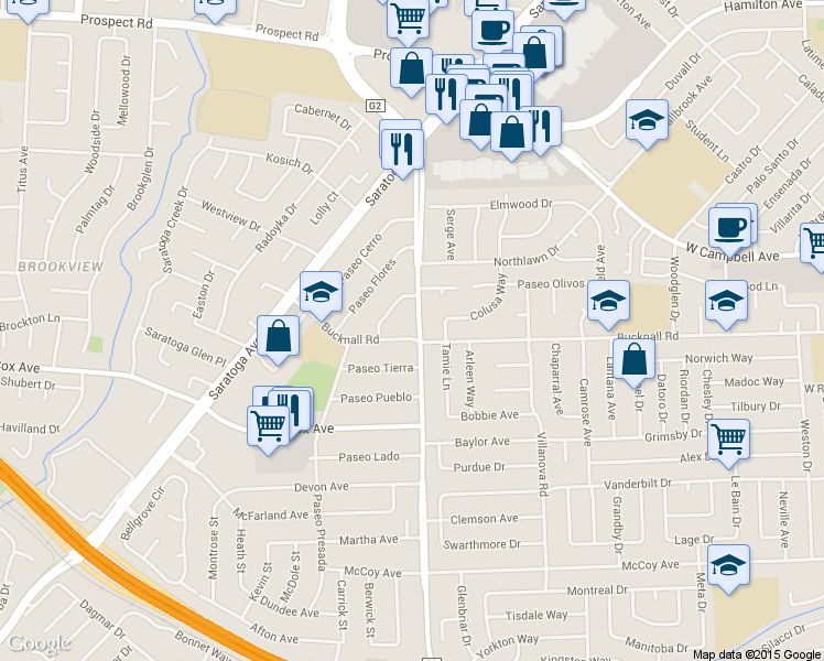map of restaurants, bars, coffee shops, grocery stores, and more near 12639 Quito Road in Saratoga