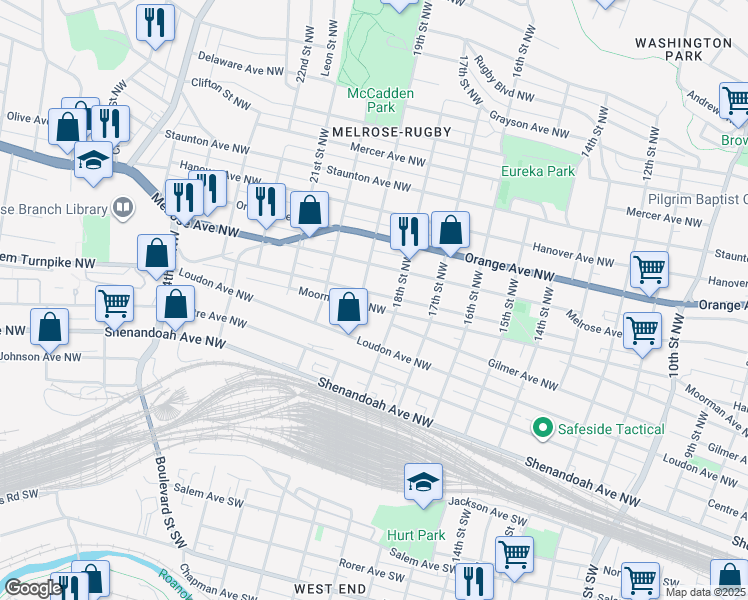 map of restaurants, bars, coffee shops, grocery stores, and more near 501 19th Street Northwest in Roanoke