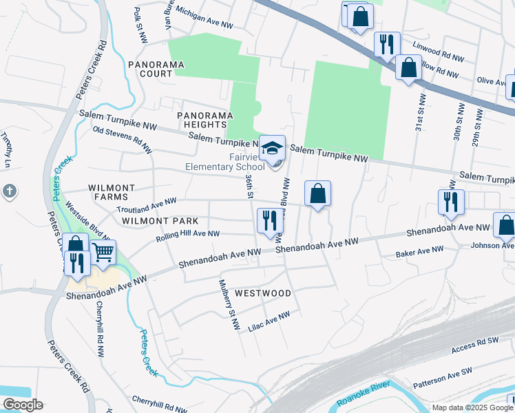map of restaurants, bars, coffee shops, grocery stores, and more near 561 36th Street in Roanoke