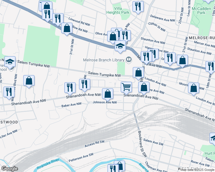 map of restaurants, bars, coffee shops, grocery stores, and more near 2557 Centre Avenue Northwest in Roanoke