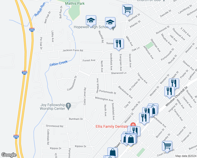 map of restaurants, bars, coffee shops, grocery stores, and more near 533 Heretick Avenue in Hopewell